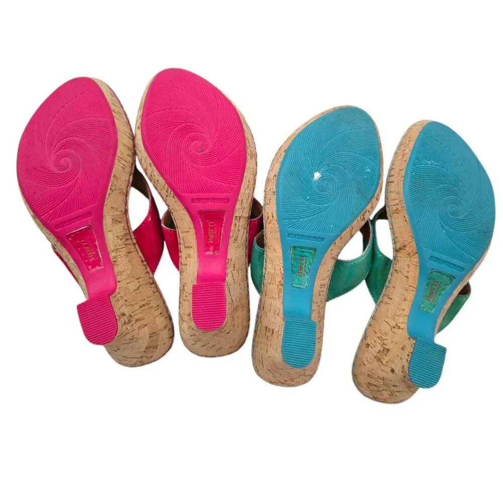 2 Pairs of Born Hot Pink & Teal Turquoise Leather Cork Wedge Sandal Shoes - Picture 2 of 5